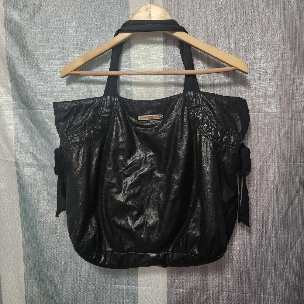Juicy Couture Black Metallic Tote Bag Hobo Ribbon Side Ties J-Hook Zip Large
